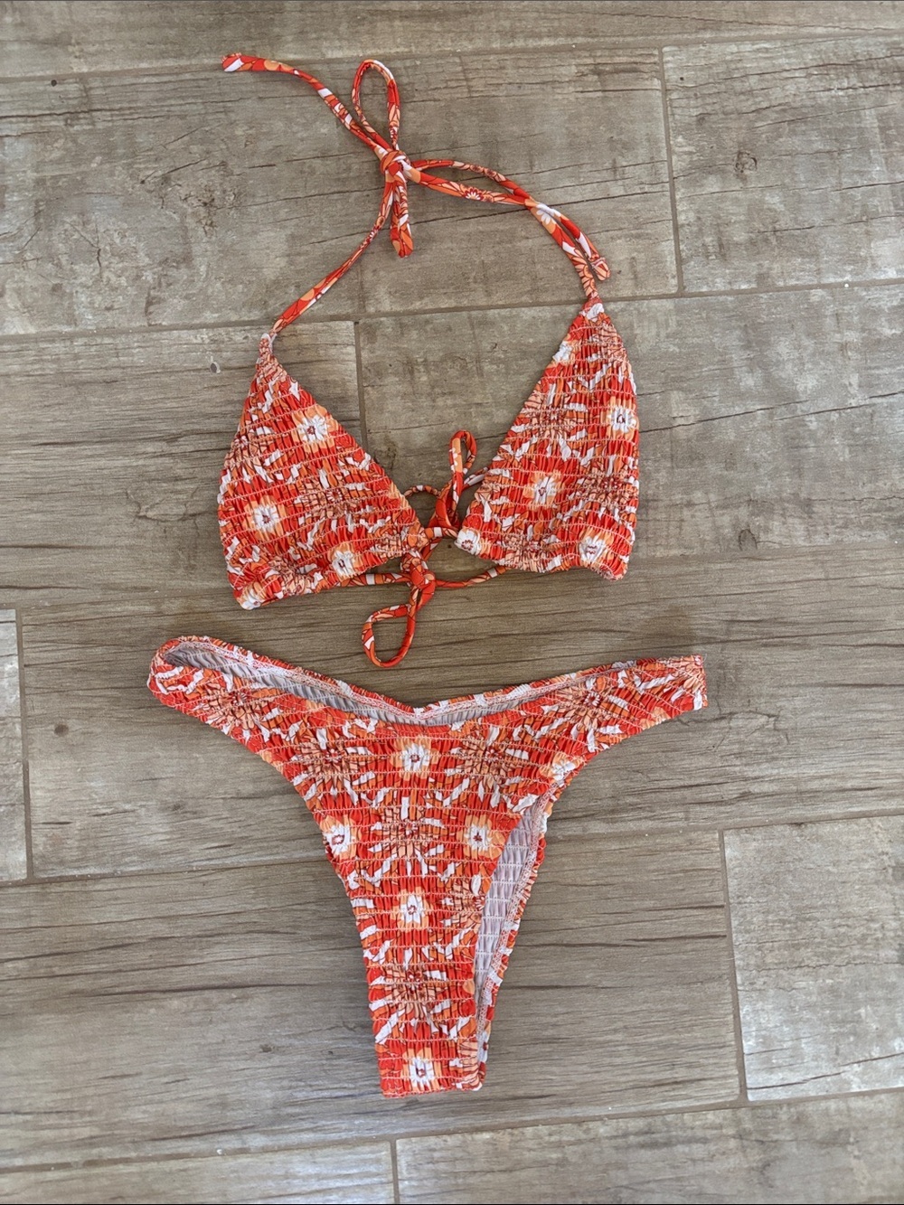 Orange Floral Smocked Bikini Set